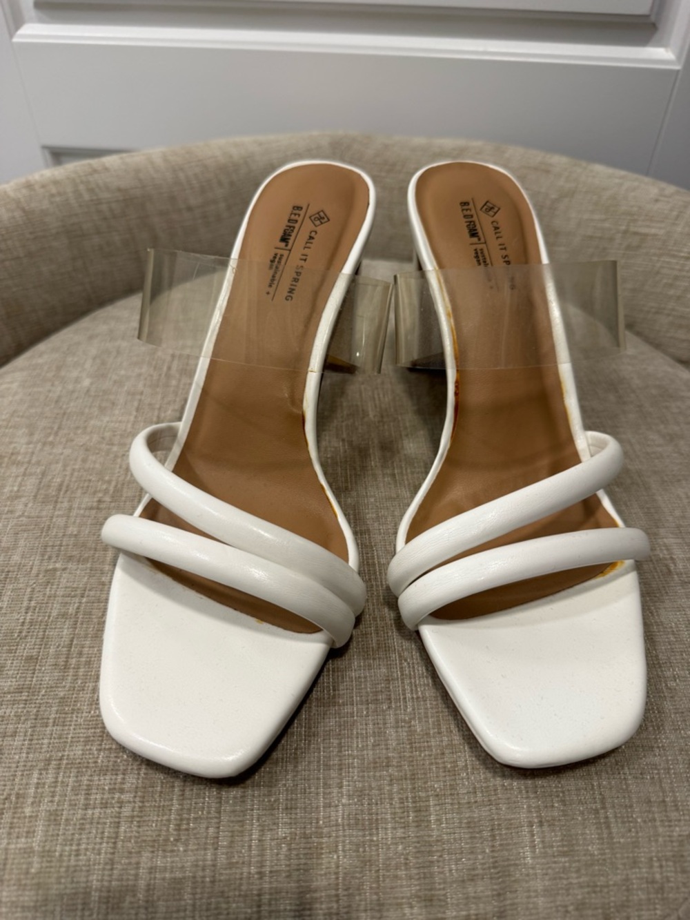 Call It Spring Vegan- White Strappy Clear-Heel Slide Sandals
